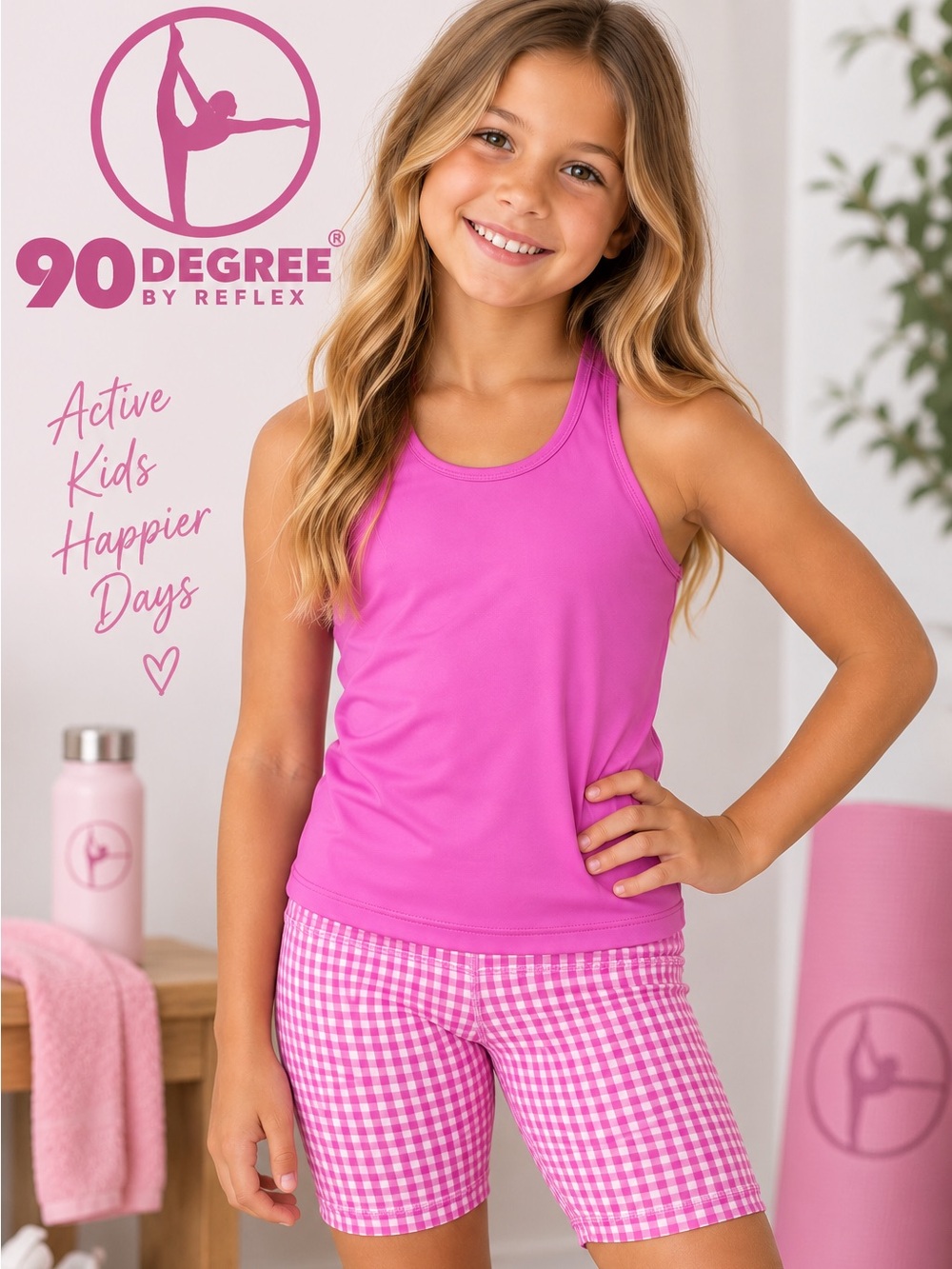 90 Degree by Reflex Girls Pink Gingham Athletic Set Tank Shorts Size 7-8
